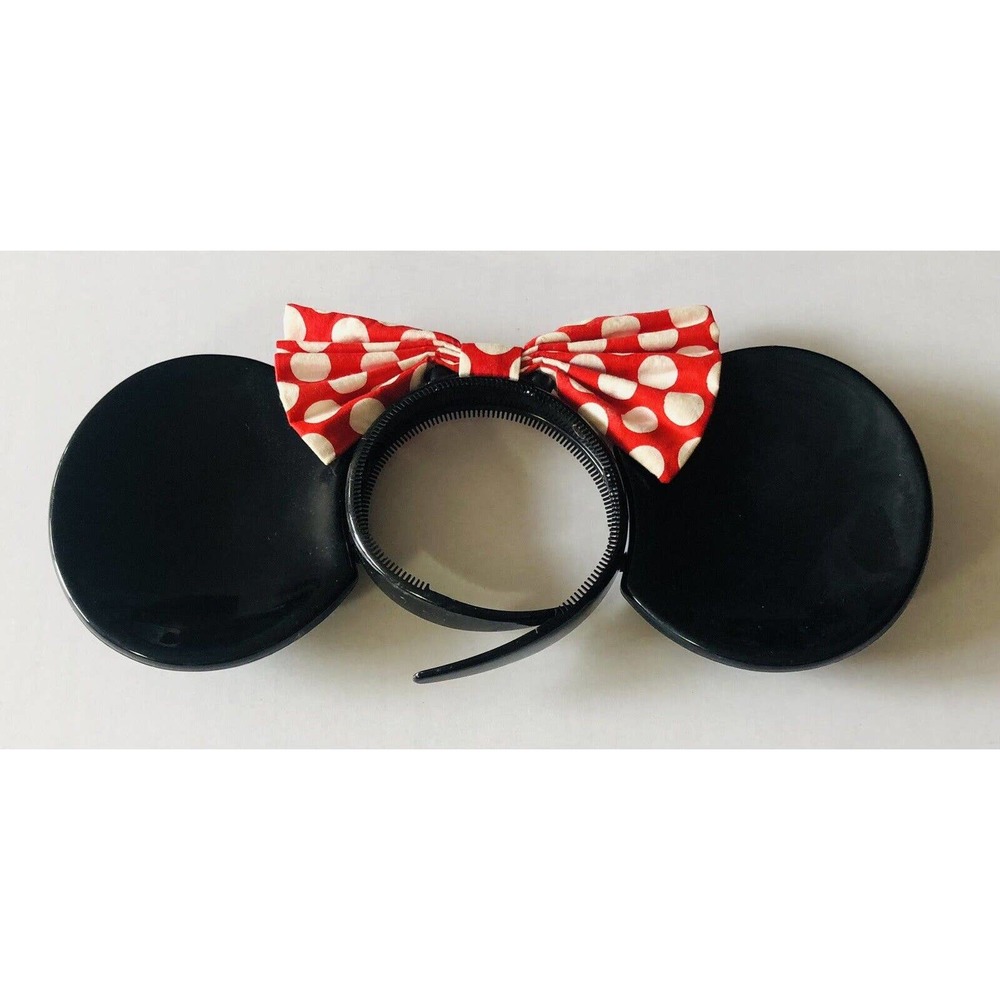 Vintage Minnie Mouse Ears Head Band Black Plastic Red Polka Dot Bow Korea Disney